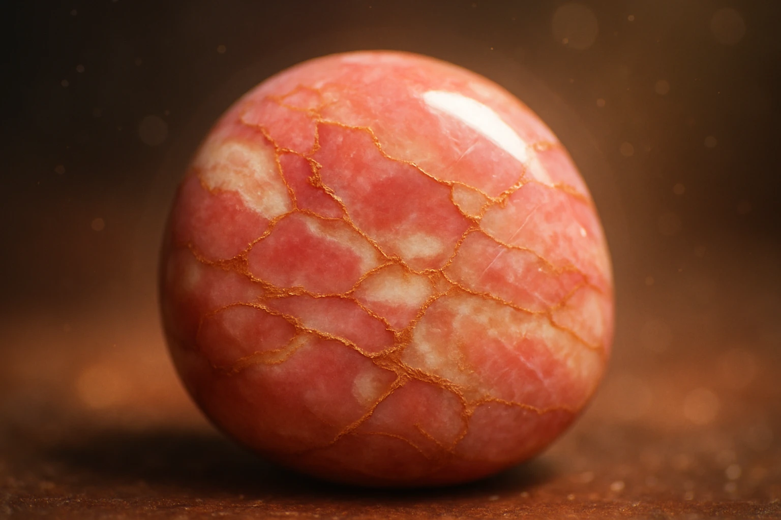 Rózsa jáspis: A szeretet és lelki harmónia köve 41 Egy sima, rózsaszínű, erezett kőgömb, aranysárga vonalakkal díszítve.