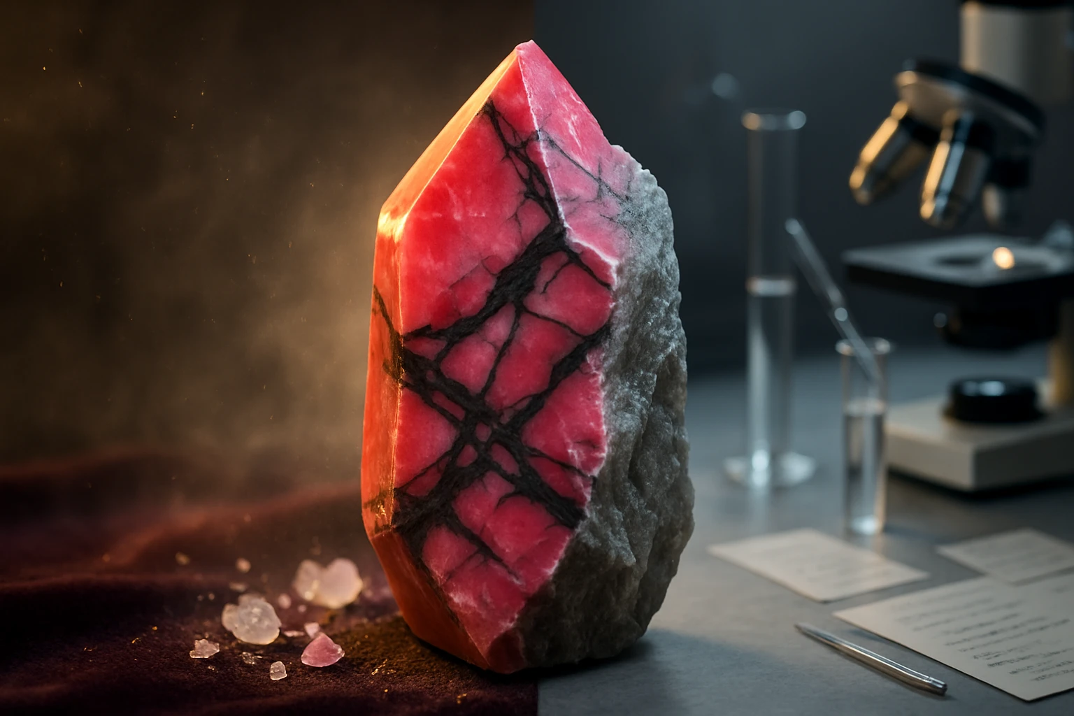 Egy nagy, rózsaszín kristály, fekete erezettel, laboratóriumi háttérben.