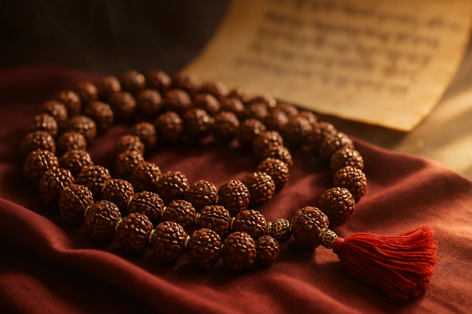 Rudraksha Mala: Spirituális és fizikai jólét egyetlen szálban 33 Egy rudraksha gyöngyökből készült mala, piros szöveten elhelyezve.