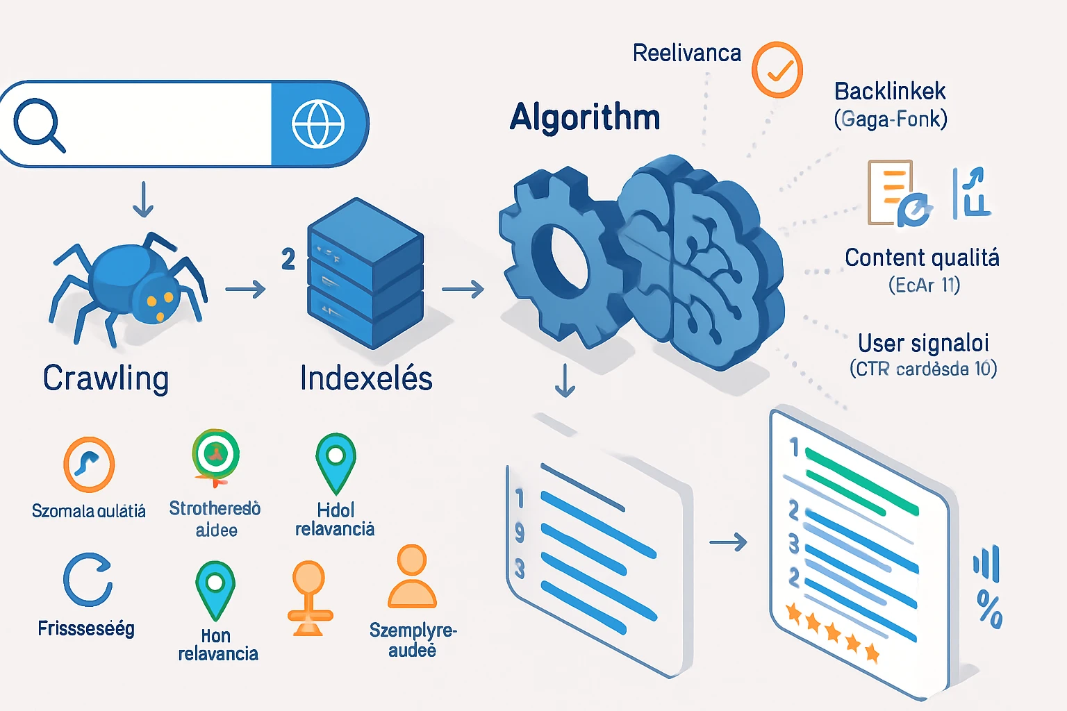 A Google működése: Hogyan rangsorolja az algoritmus a találatokat? 10 SEO folyamatábrája, amely bemutatja a crawling, indexelés és algoritmus lépéseit.