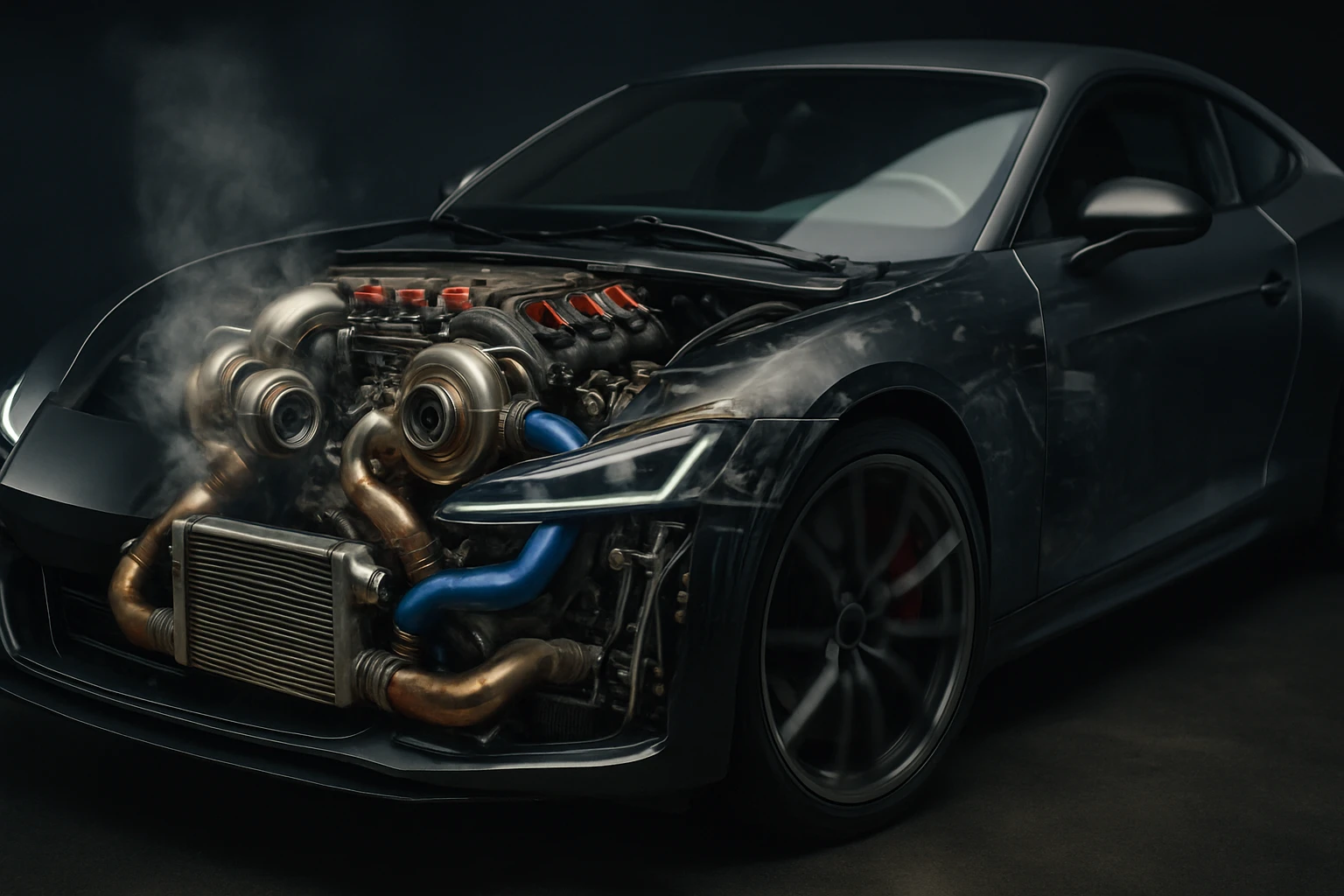 Dupla turbó – a motorerő titka a modern autókban 6 Egy sportautó motorja, dupla turbóval és hűtővel, gőzölög.