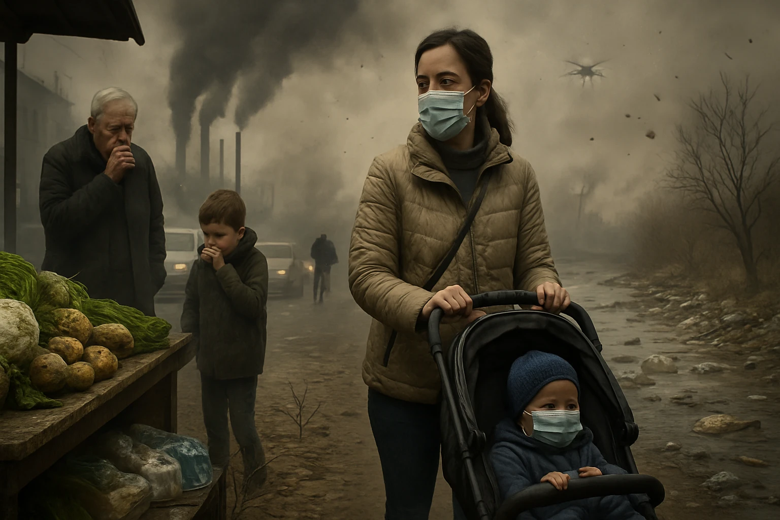 Környezetszennyezés – hatásai mindennapi életünkre 8 Egy nő maszkban babakocsit tol, szennyezett városi környezetben, füstölgő gyárkéményekkel.