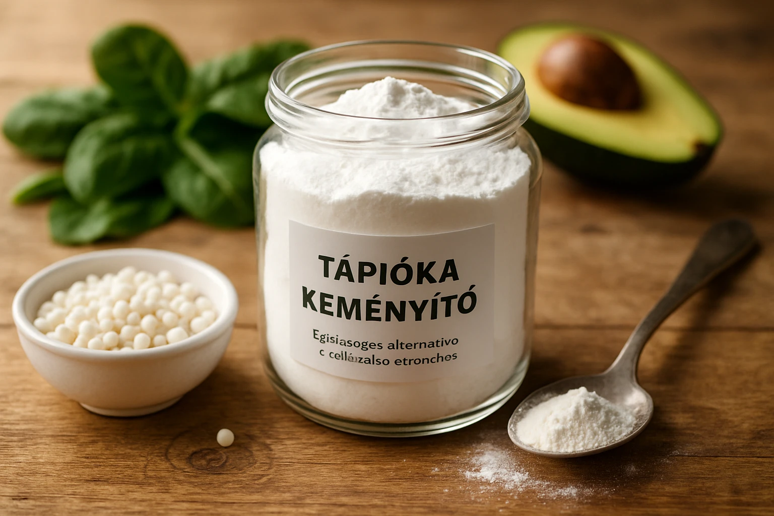 Egy üveg tápióka keményítő, mellette tálban tápióka gyöngyök és avokádó.