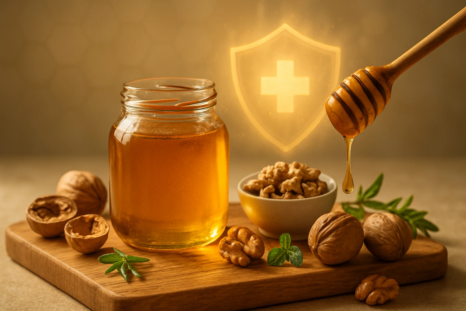 Egy üveg méz, diófélék és friss menta egy fából készült deszkán.