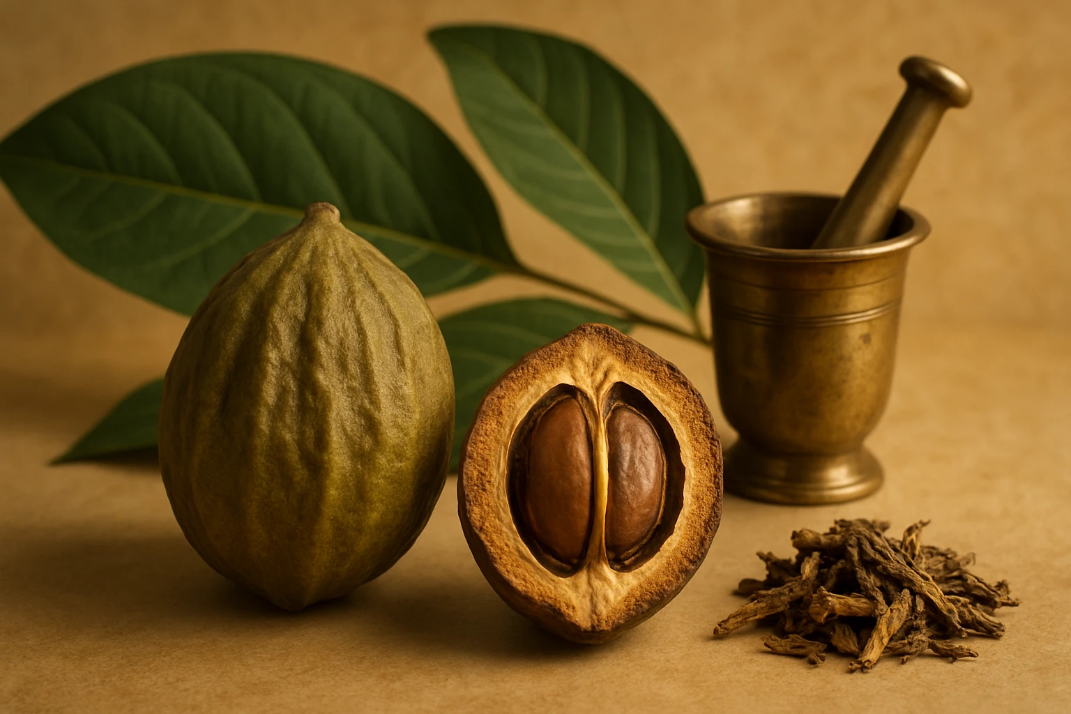 Haritaki – az ajurvéda ajándéka a hosszú életért 4 Egy zöld gyümölcs és egy félbevágott gyümölcs, benne barna magokkal, mellettük fűszernövények és mozsár.