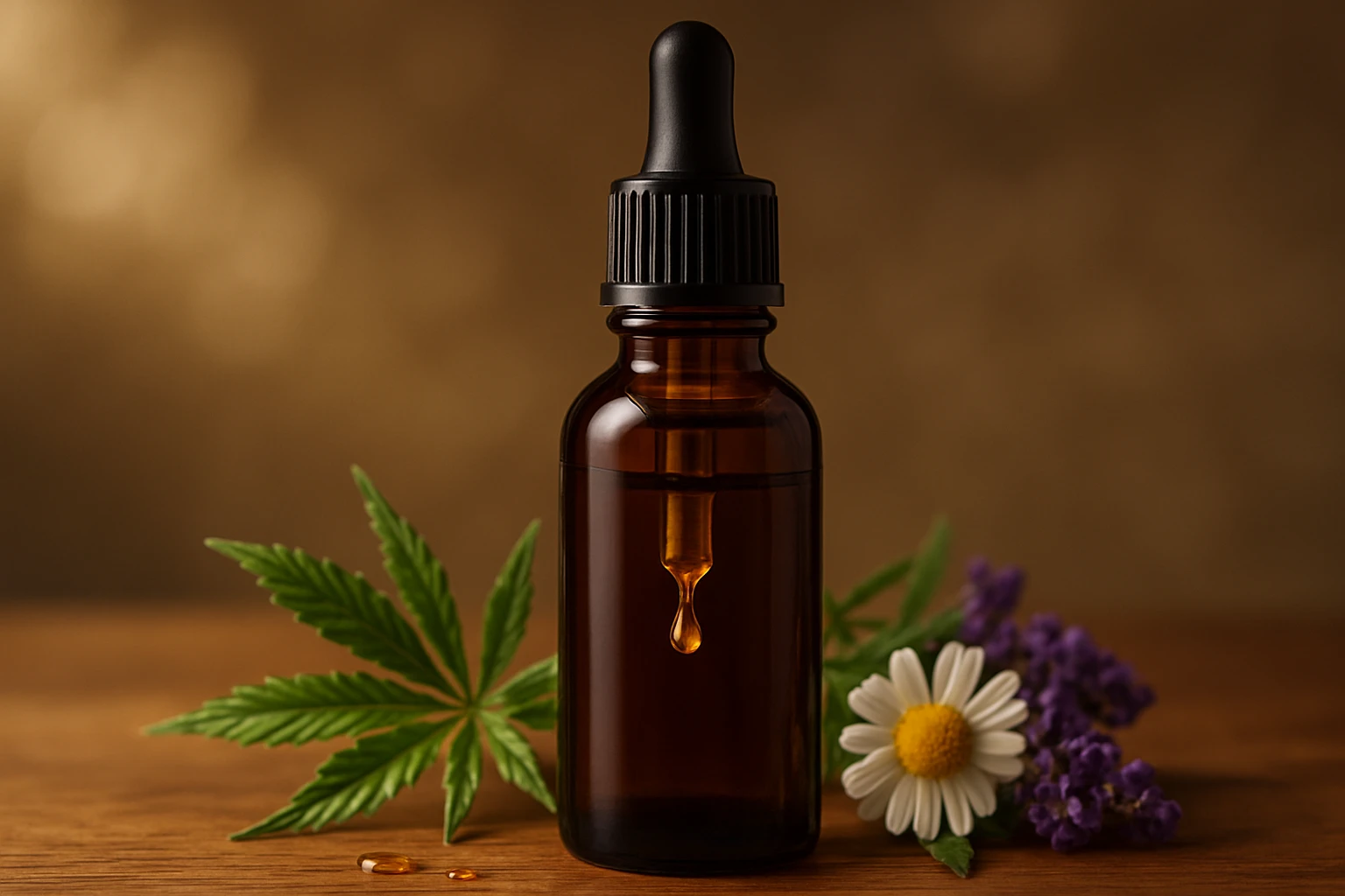 Kendermagolaj: A természetes gyógyír, ami az egész testedre hat 61 Barna üveg cseppentő, benne aranysárga olaj, körülötte növények és virágok.