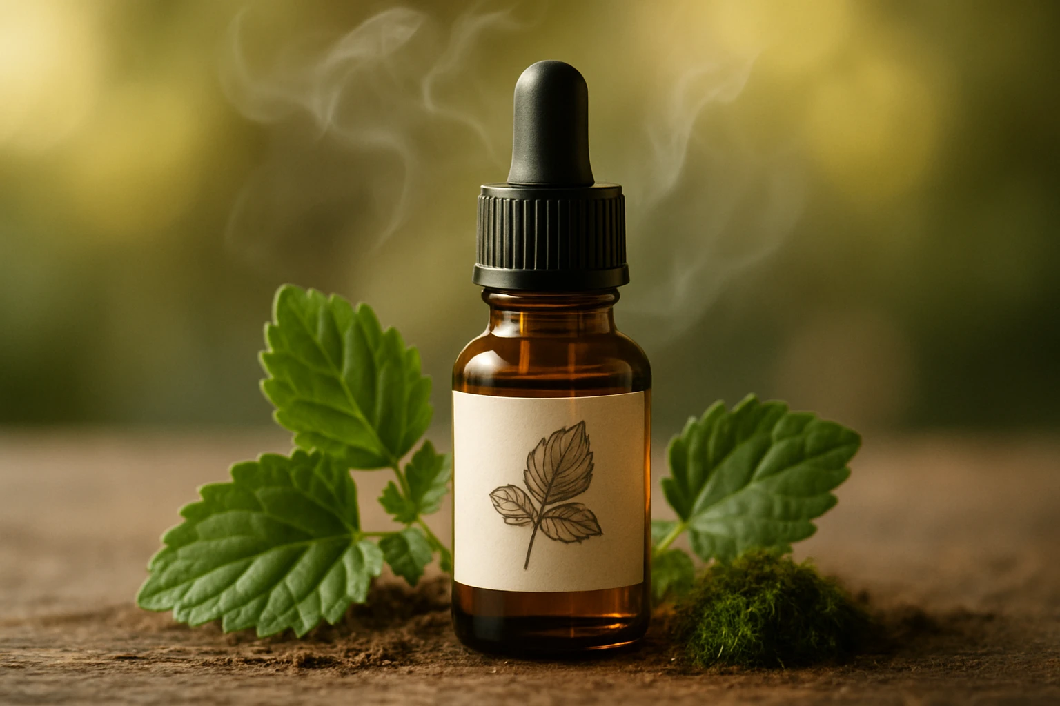 Pacsuli illóolaj: A természet illata a szépségért és belső harmóniáért 37 Egy üveg olaj, mellette friss zöld levelek, háttérben lágy fénnyel.