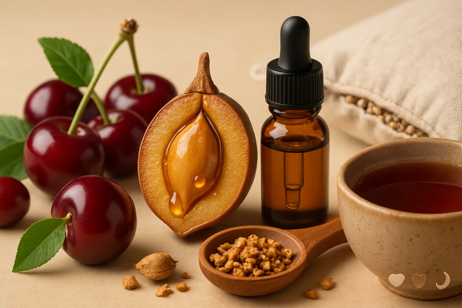 Friss cseresznye, olajjal töltött gyümölcs és gyógynövény tea egy asztalon.