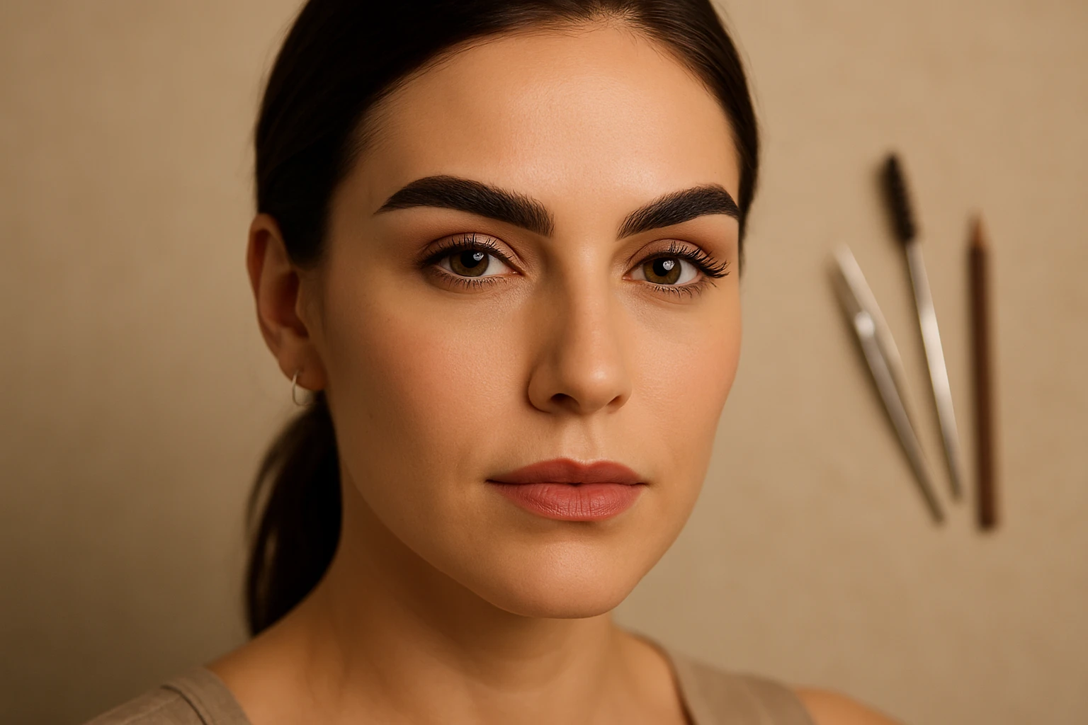 Egy fiatal nő arca, természetes sminkkel és hangsúlyos szemöldökkel.
