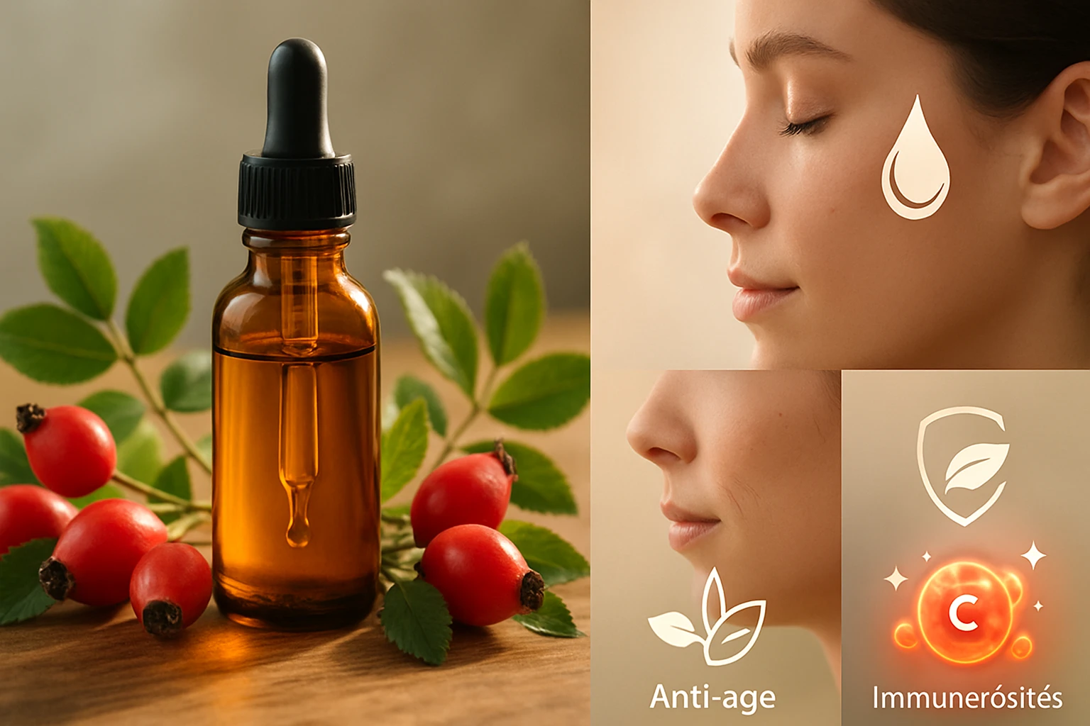 Csipkebogyóolaj – hogyan ápolja a bőrt és erősíti az immunrendszert 2 Egy barna üveg cseppentő, mellette csipkebogyók és zöld levelek.