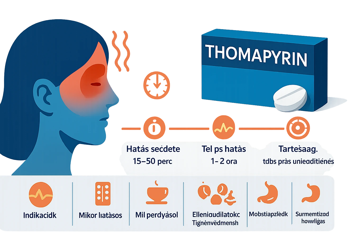 Egy női arc, piros foltokkal a szem körül, a Thomapyrin gyógyszer doboza mellett.