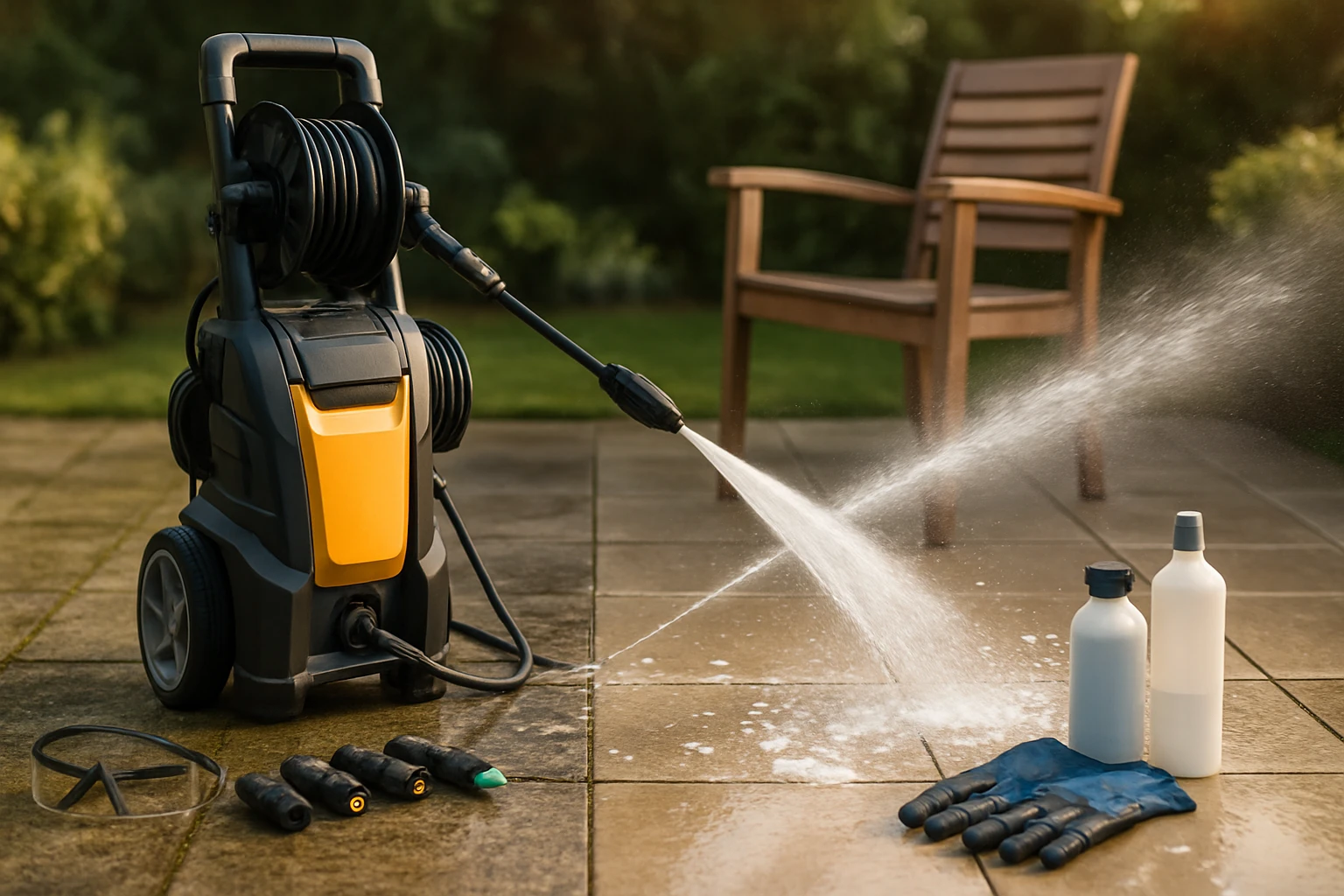 Nagynyomású mosó otthon: Miért hatékony és mikor éri meg beruházni? 31 Egy magasnyomású mosó, vízsugárral tisztítva a terasz kövét, mellette tisztítószerek és kesztyűk.