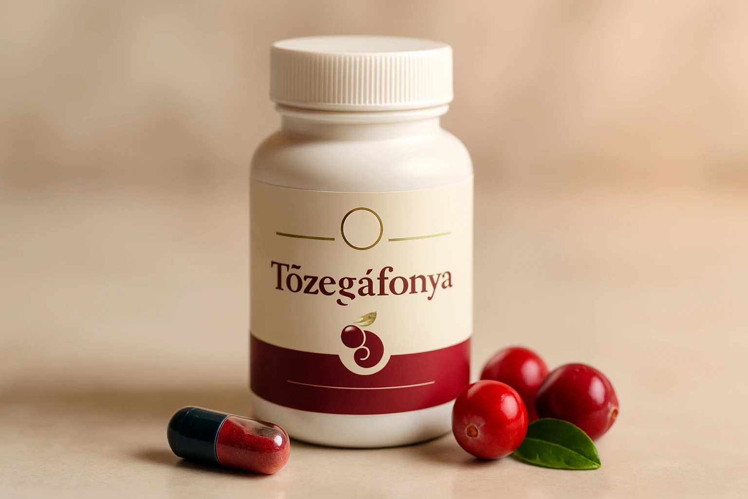 Tőzegáfonya kapszula: Természetes támogatás a húgyutak egészségéért 10 Egy Tőzegáfonya kapszulás étrend-kiegészítő, piros bogyók mellett.