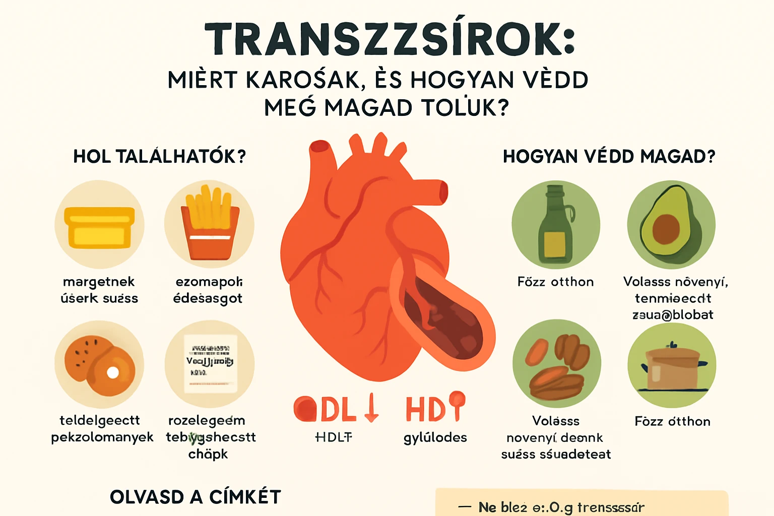 Transzzsírok: Miért károsak, és hogyan védd meg magad tőlük? 65 Egy színes infografika a transzzsírokról, szívábrával és ételekkel.