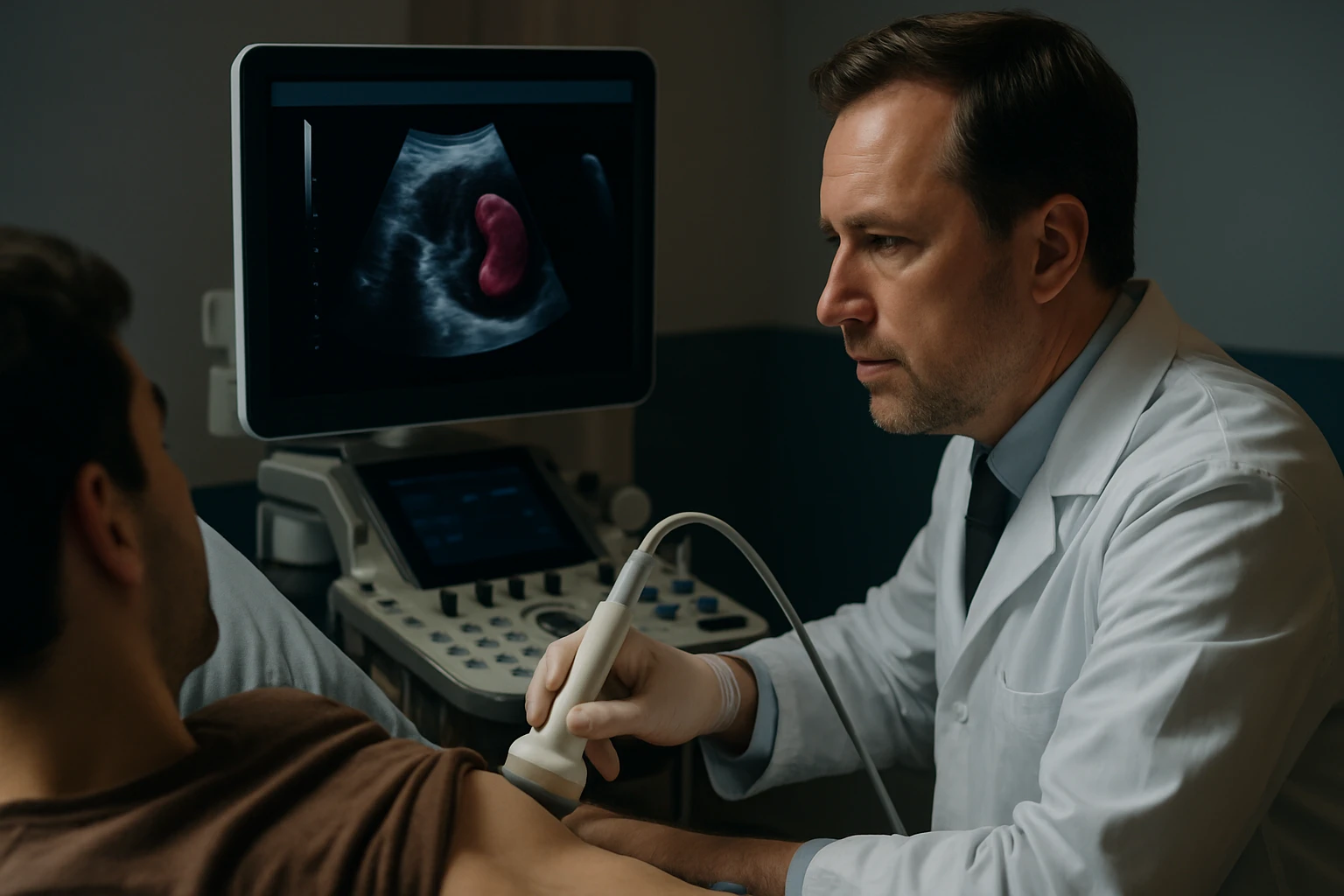 A lép szerepe a szervezetben – miért nélkülözhetetlen szervünk működéséhez 4 Egy orvos ultrahangvizsgálatot végez egy páciens karján, a monitoron látható a kép.