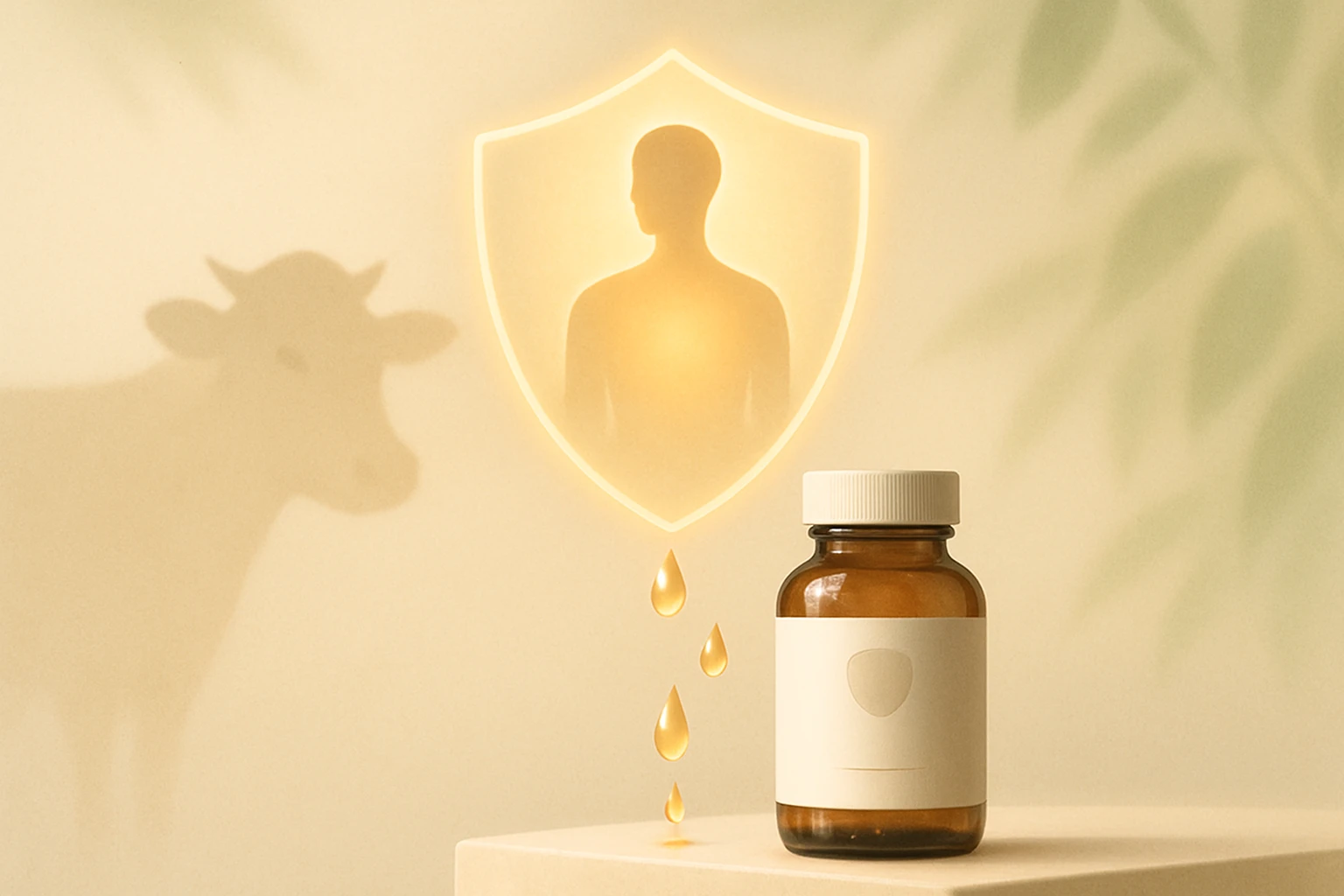 Kolosztrum: A természetes immunerősítő, ami belülről véd 33 Egy barna üveg vitamin, csepp formájú olajjal, háttérben tehén árnyékkal.