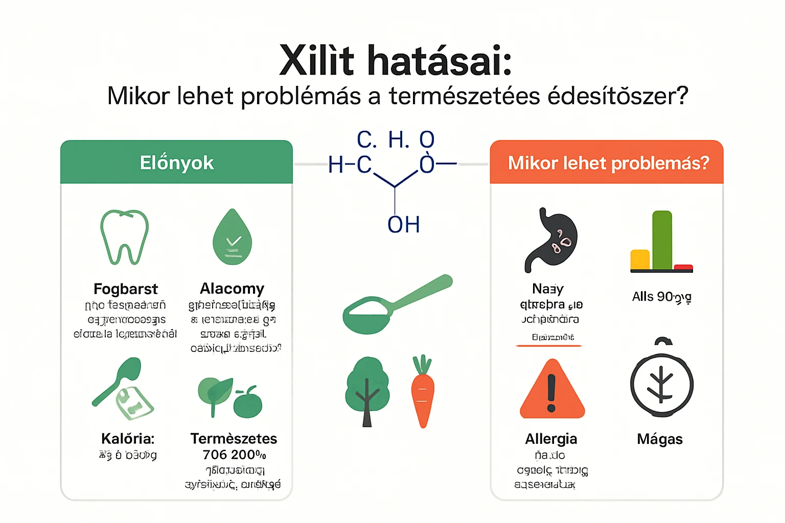 A xilit előnyeit és problémáit bemutató infografika, zöld és narancssárga színnel.