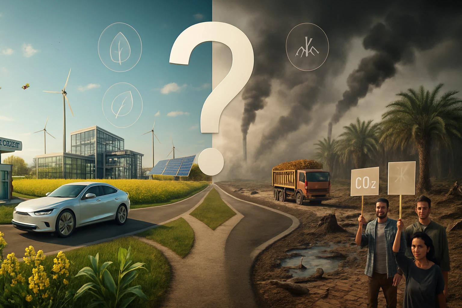 Biodízel – környezetbarát üzemanyag vagy zsákutca? 2 Egy út elágazása, bal oldalon zöld energia, jobbra szennyezés, emberek tüntetnek.