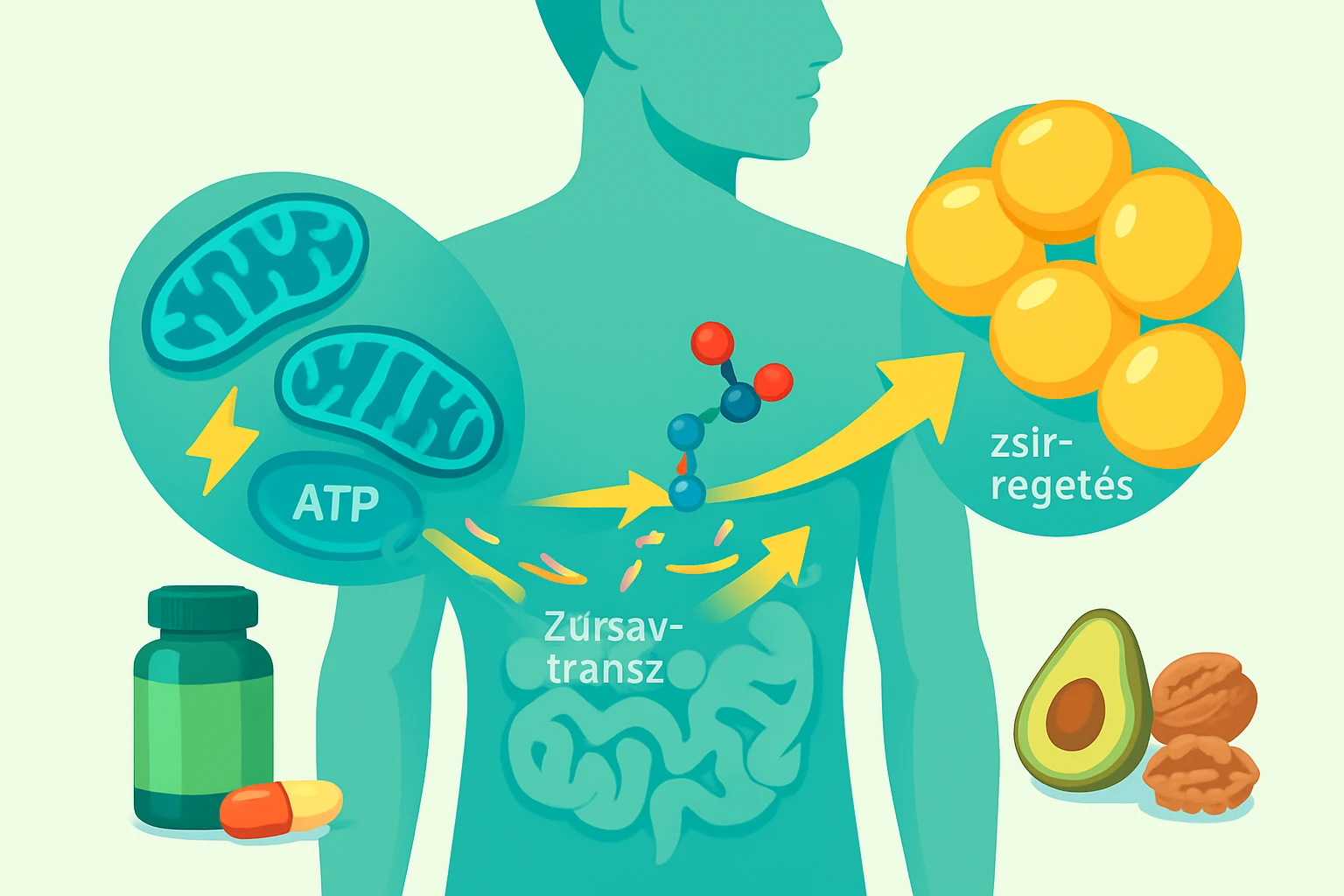 L-Karnitin: Hogyan támogatja a tested energiáját és zsírégetését? 17 Egy emberi test vázlata, amely bemutatja a zsírsav-transzportot és ATP termelést.