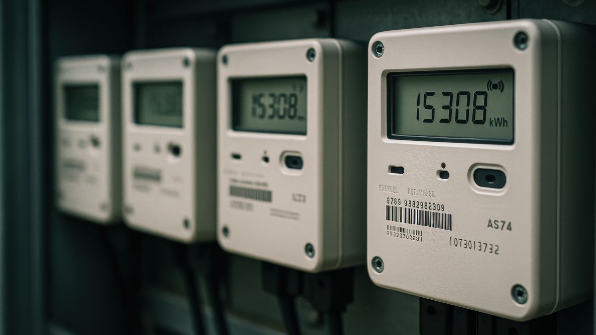 Digitális energiafogyasztás-mérő órák egy panelen, mutatva a kWh értékeket.