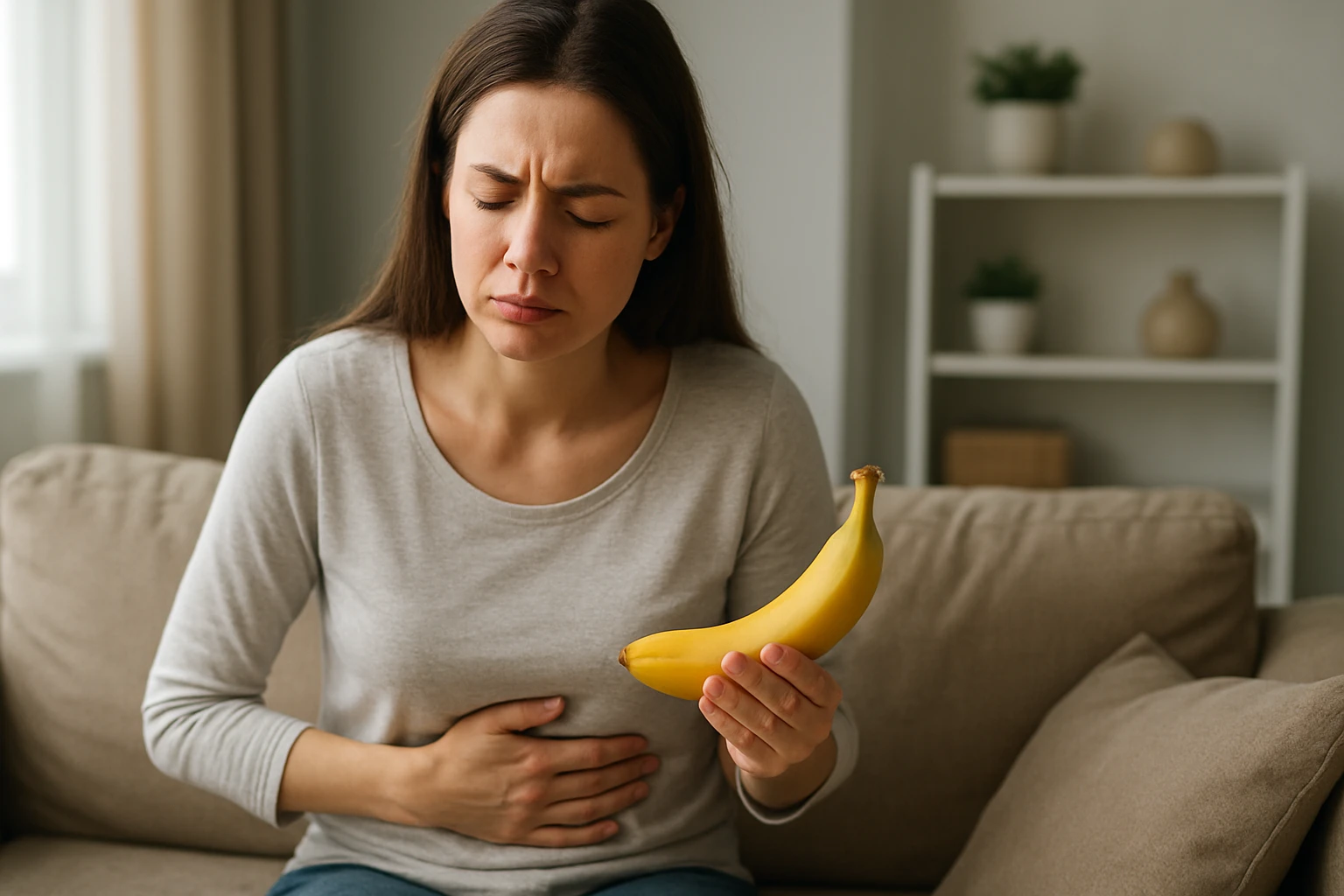 Nő hasi fájdalmakkal, banánt tart a kezében.