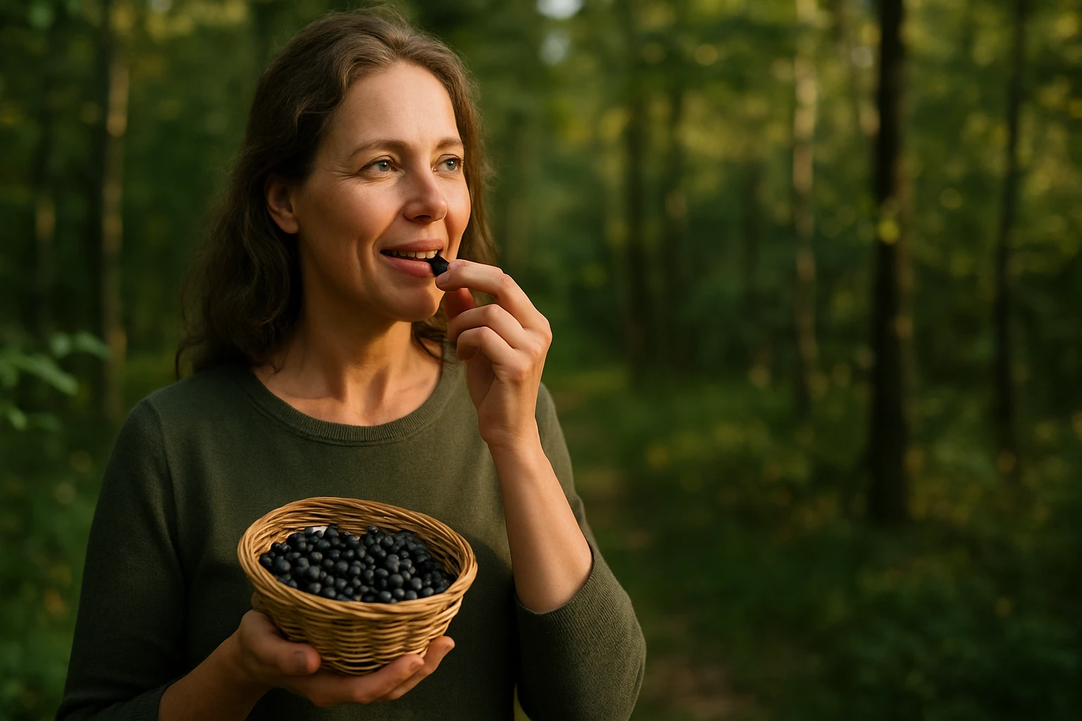 Nő berkenyével a kezében, egészséges életmódra törekvő természetszerető.