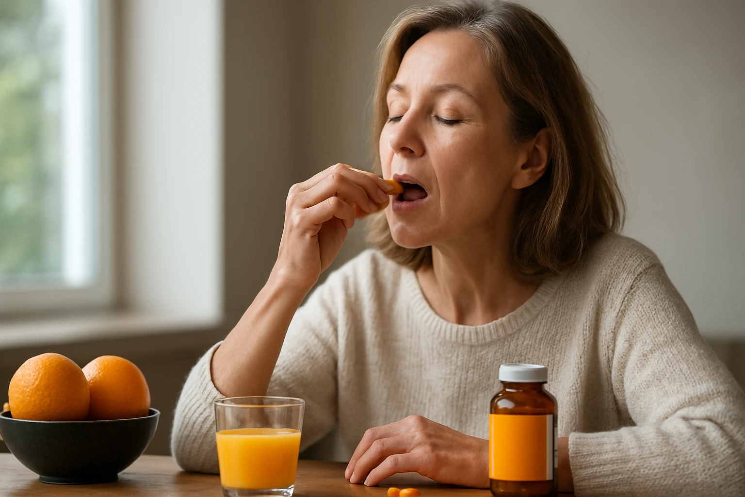 Nő C-vitamint szed és narancslevet iszik a reggelijénél.