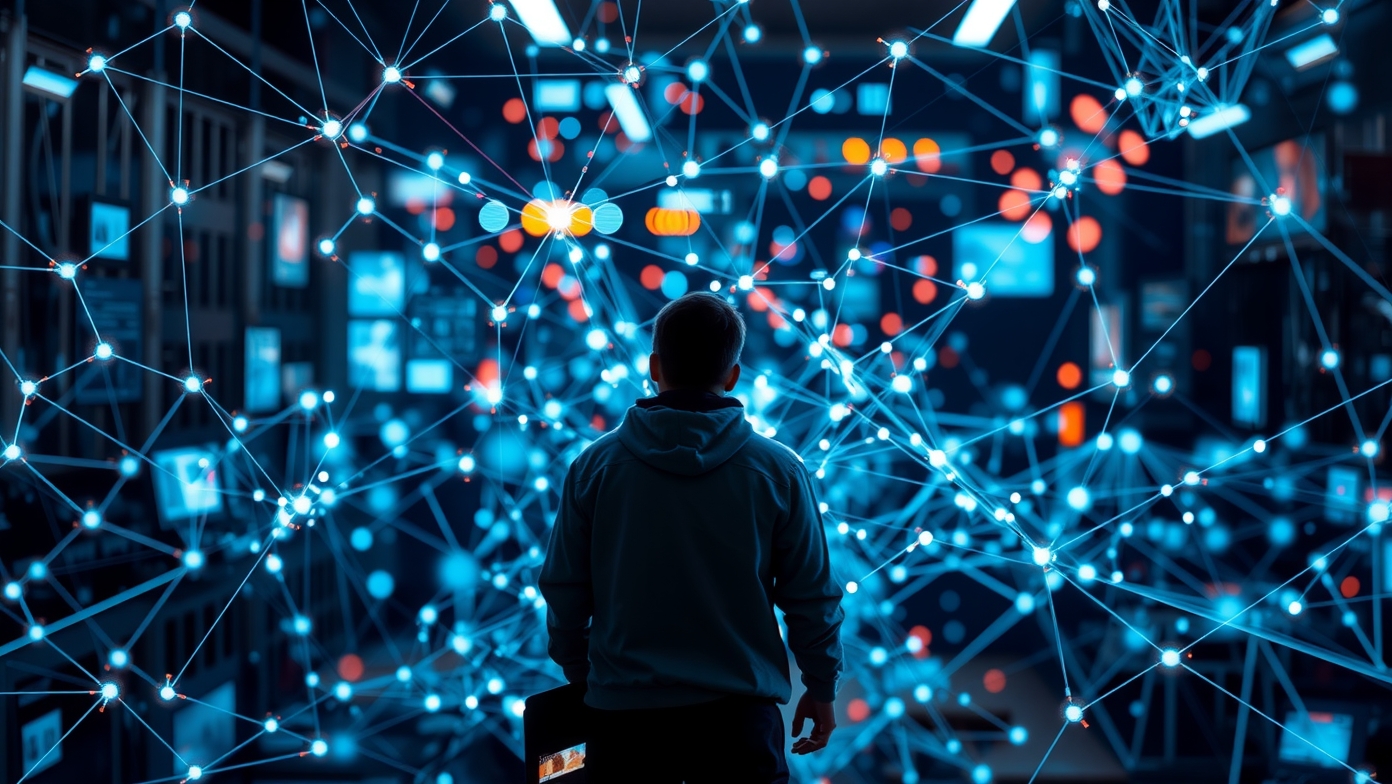 Személy egy digitális hálózat előtt, felfedezve a modern kapcsolatokat.