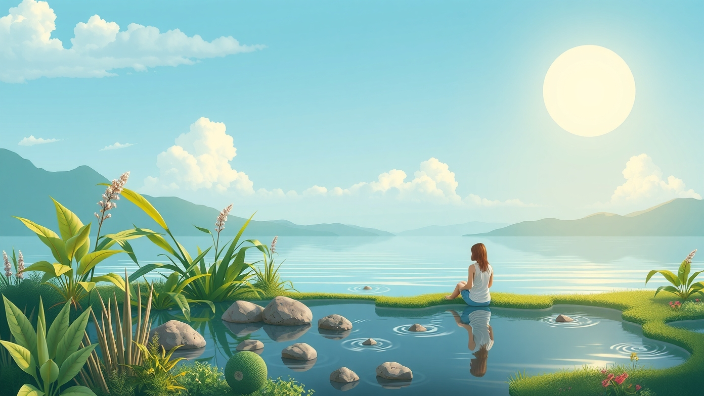 A természetben relaxáló személy a vízparton, zöld növények körében.