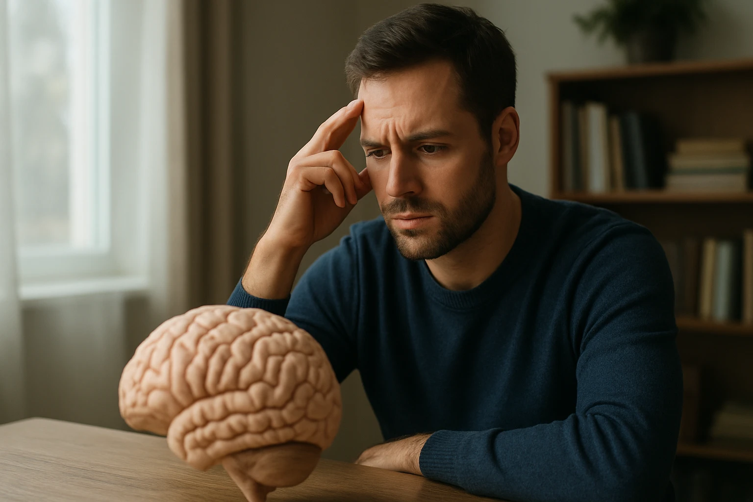 Férfi gondolkodik egy agy szobrászatról az asztalon.