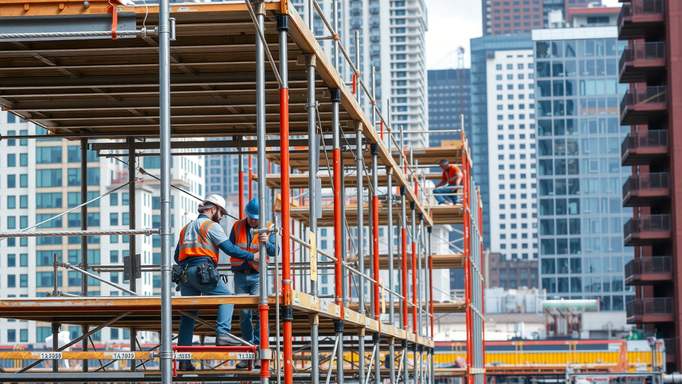 Munkavégzés építkezési csőállványon városi környezetben