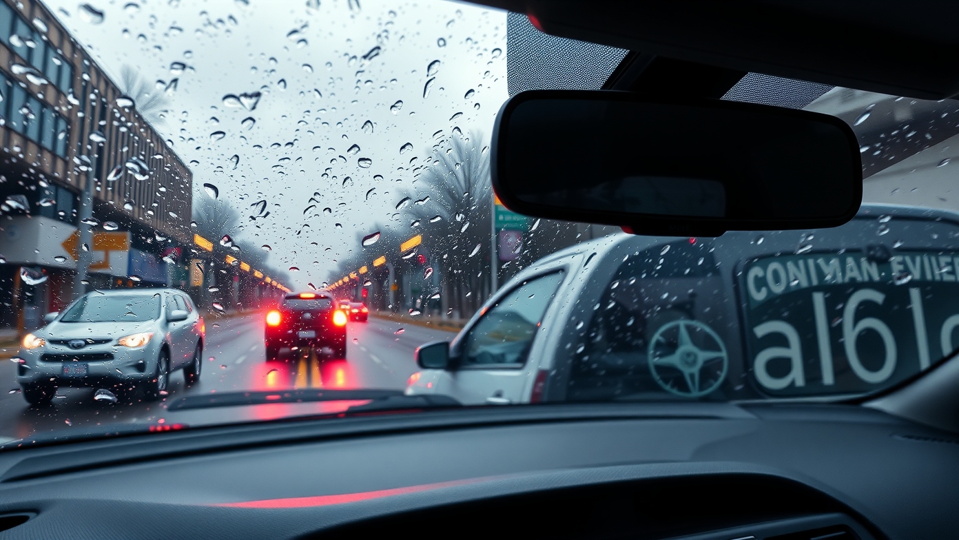 Esőcseppek az autó szélvédőjén városi forgalomban.