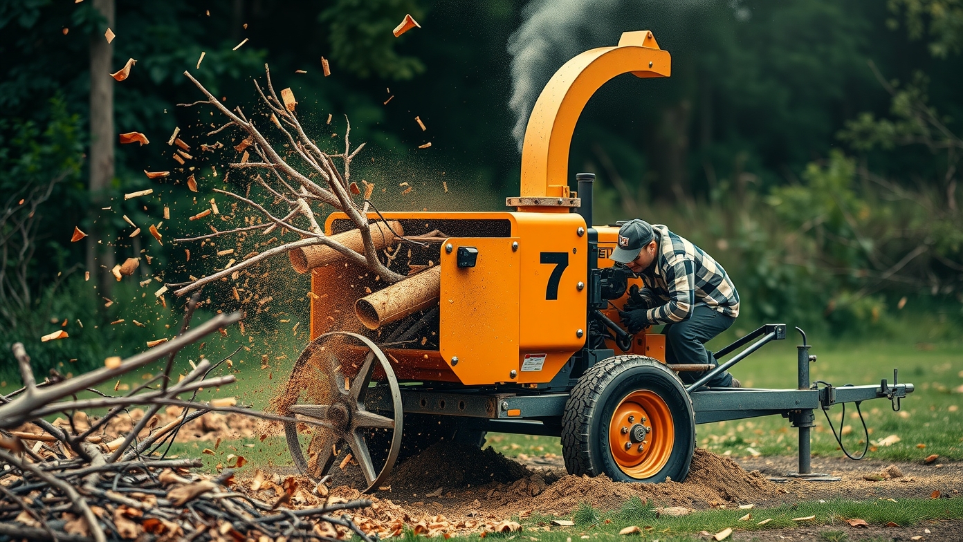 Faaprító gép működés közben, ágak aprítása.