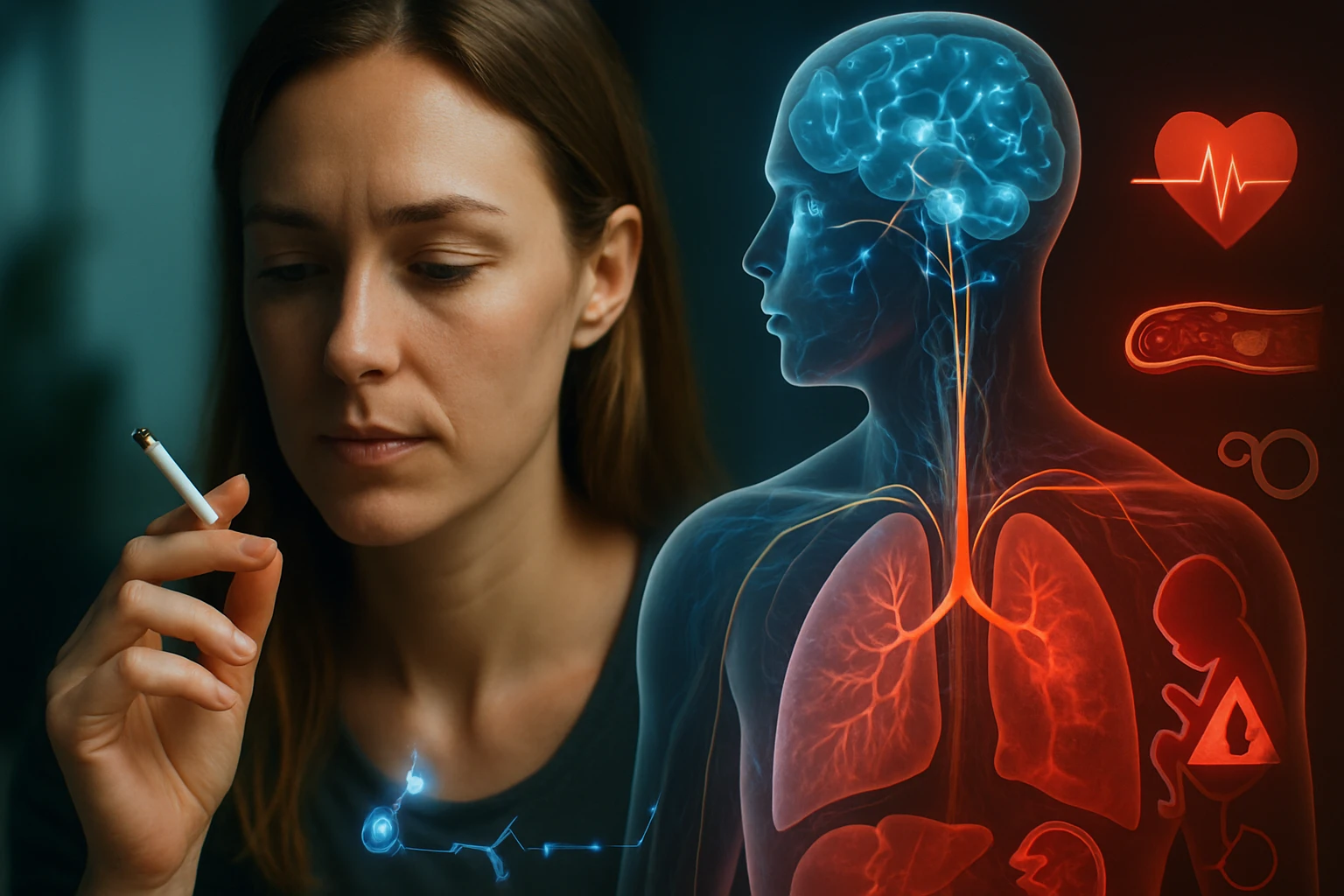 Egy nő cigarettát tart a kezében, miközben a testének belső szerveit ábrázoló grafika látható mellette.