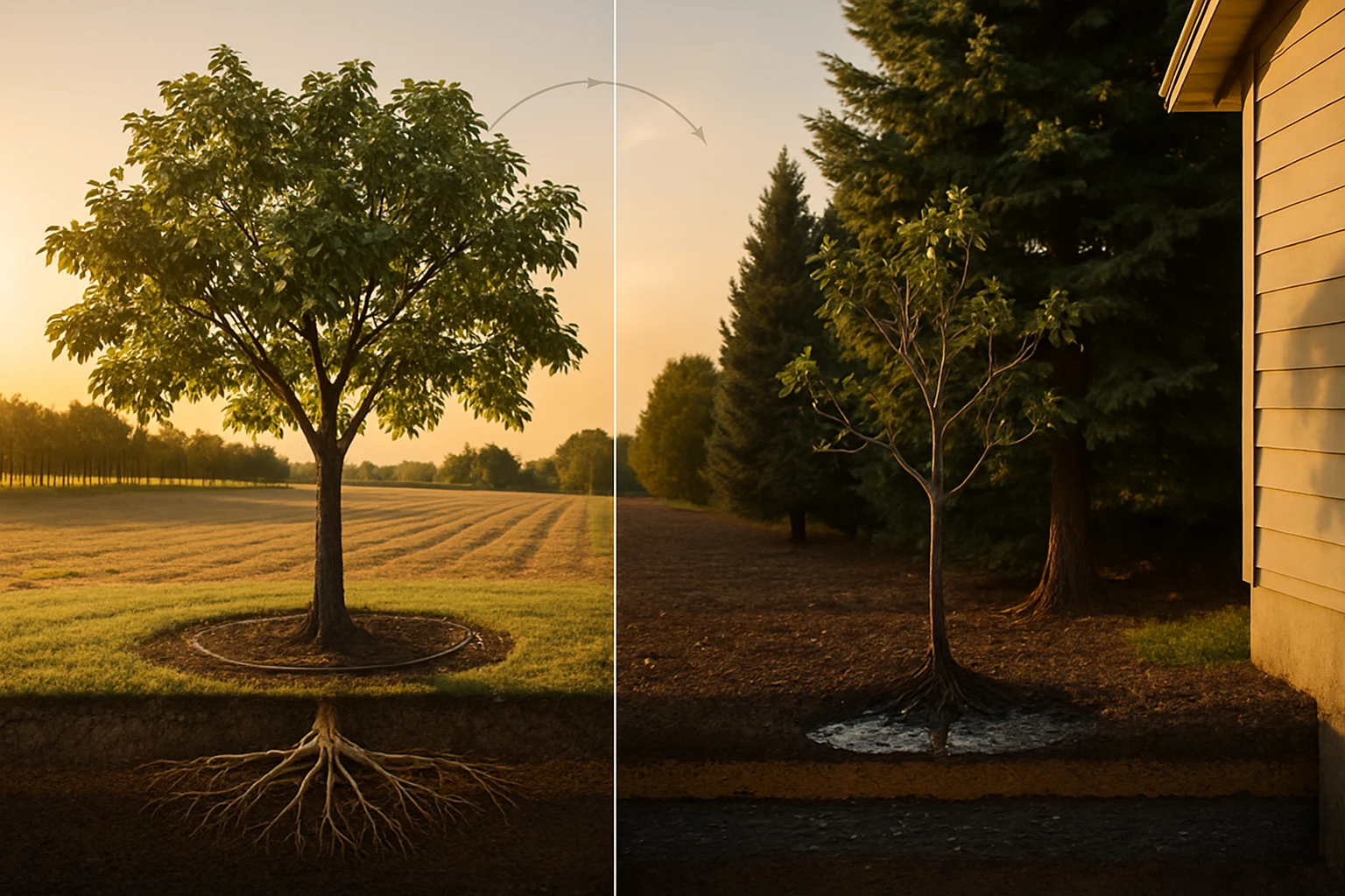 Egy egészséges fa gyökerei láthatók a föld alatt, mellette egy kisebb fa.