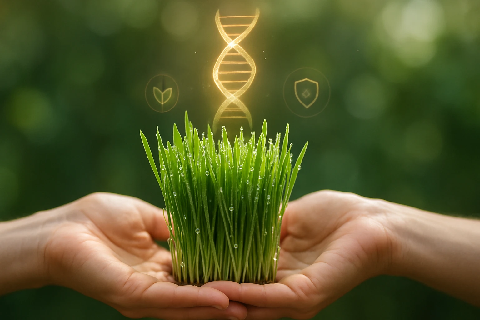 Két kézben tartott friss fű, felette DNS spirál és növényi ikonok láthatók.