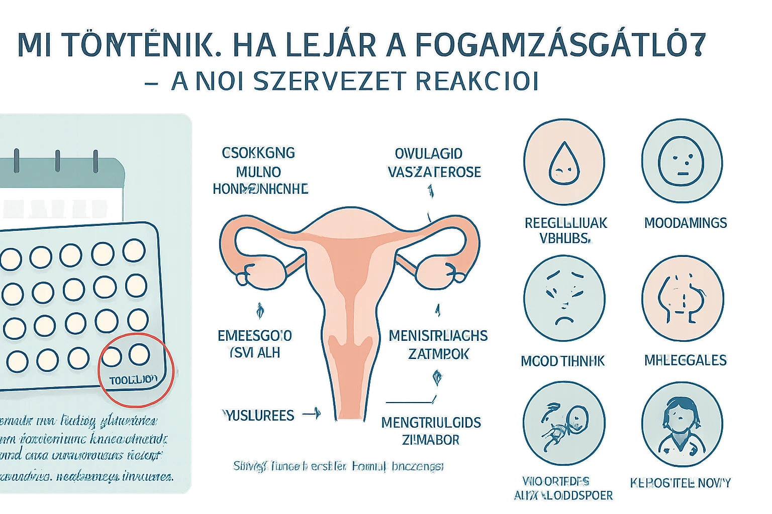 Egy női reproduktív rendszer illusztrációja, fogamzásgátló hatásai és reakciói.