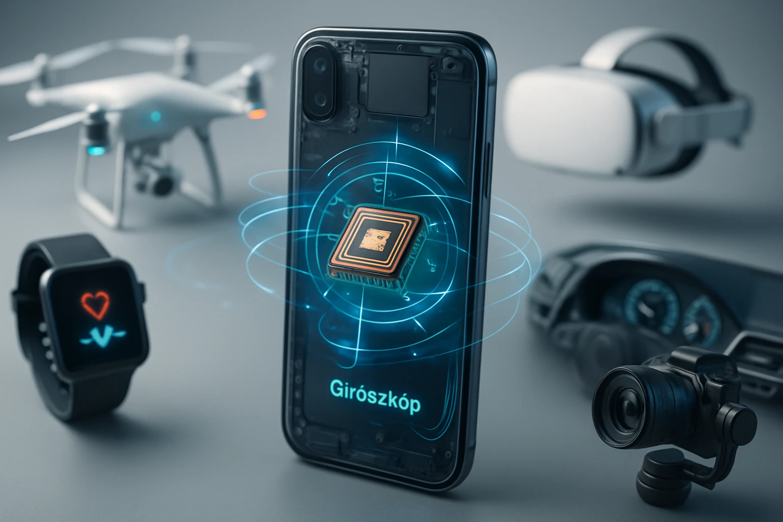 Okostelefon, amelyen egy giroszkóp chip látható, körülötte drón, VR szemüveg és okosóra.