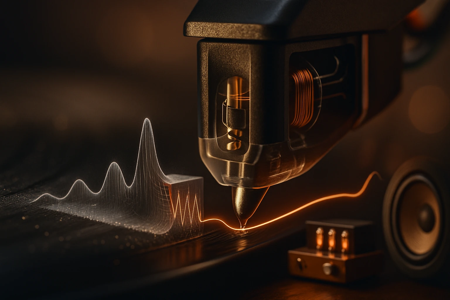 Egy lemezjátszó tűje, amely hanghullámokat rögzít, háttérben hangszóróval.