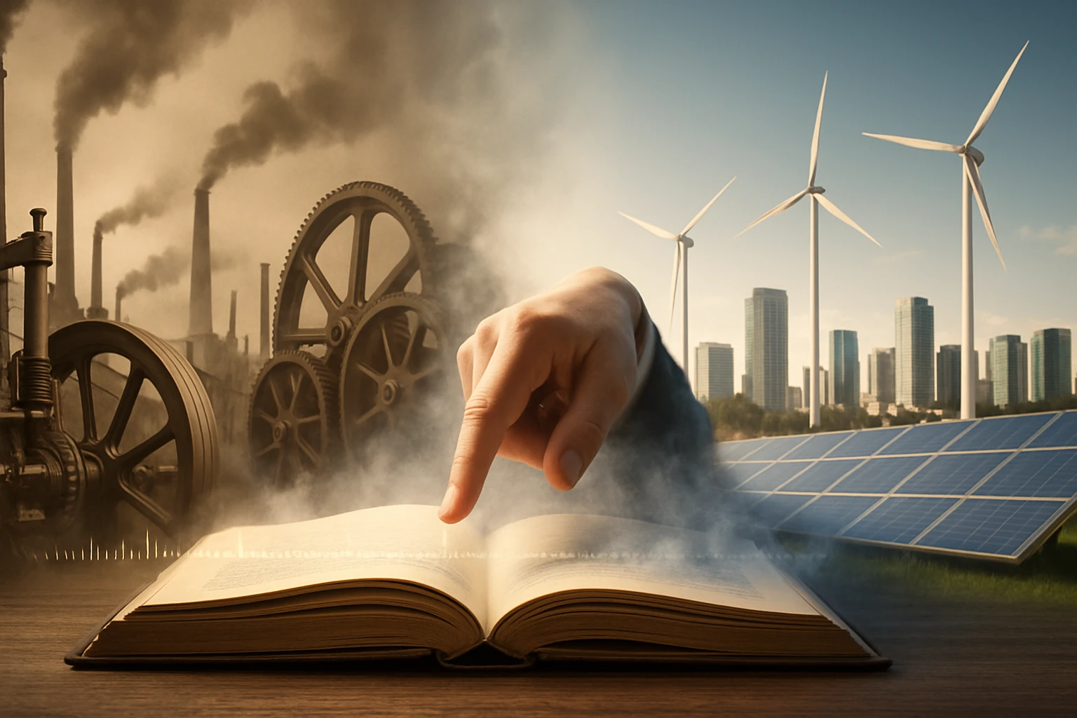 Egy nyitott könyv, amelyből füst száll fel, egy kéz mutat a lapokra, háttérben ipari és megújuló energiaforrásokkal.