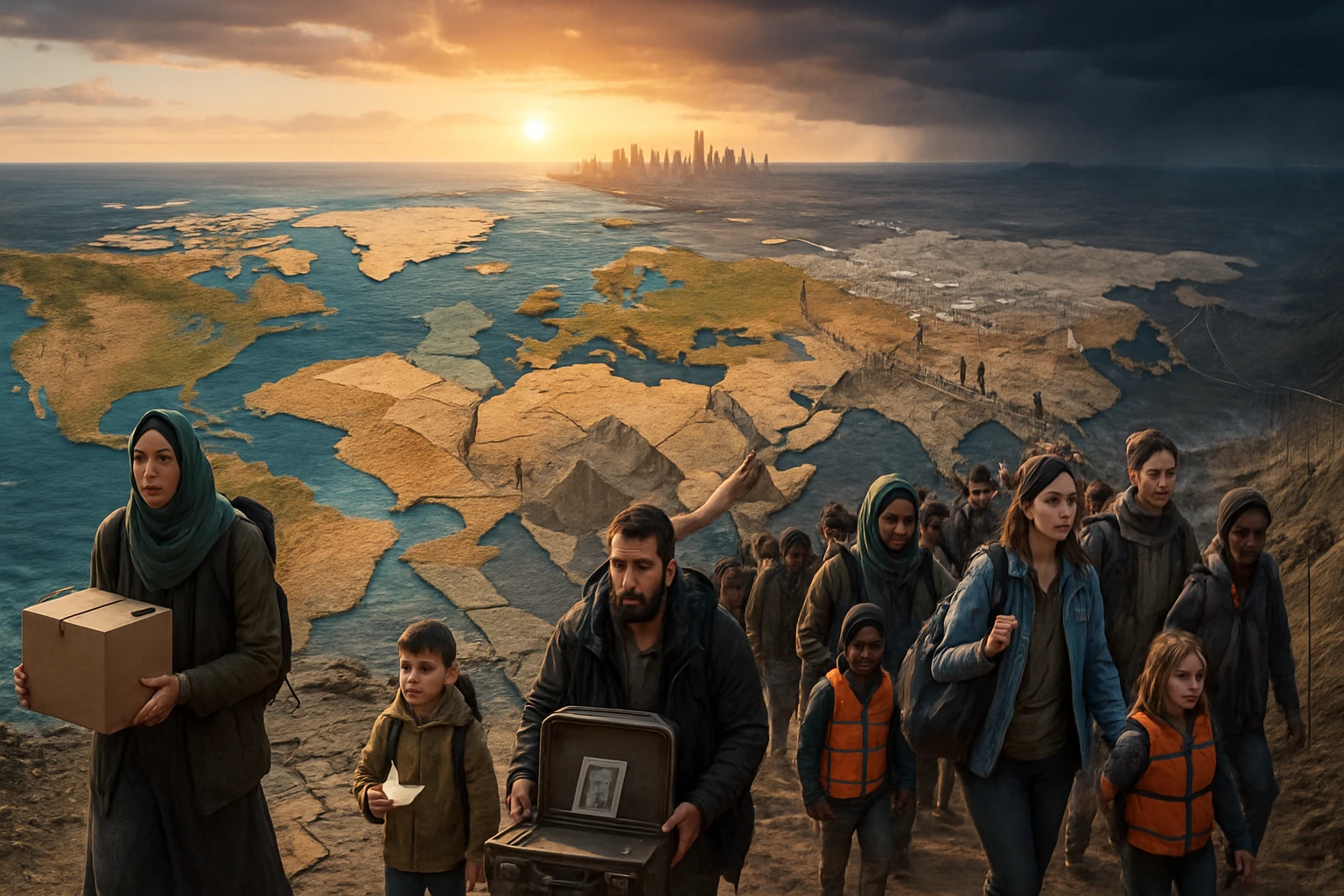 Migráció – a remény és kihívás találkozása globális szinten 10 Egy csoport ember halad a tengerparton, a háttérben a megváltozott világ térképe látható.