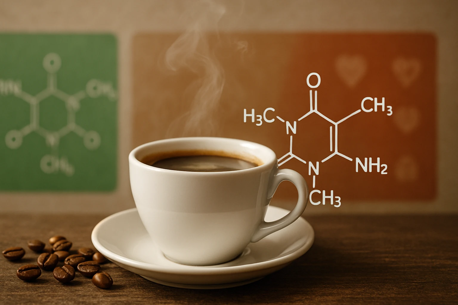 Gőzölgő kávéscsésze, mellette kávébabbal és kémiai szerkezettel.