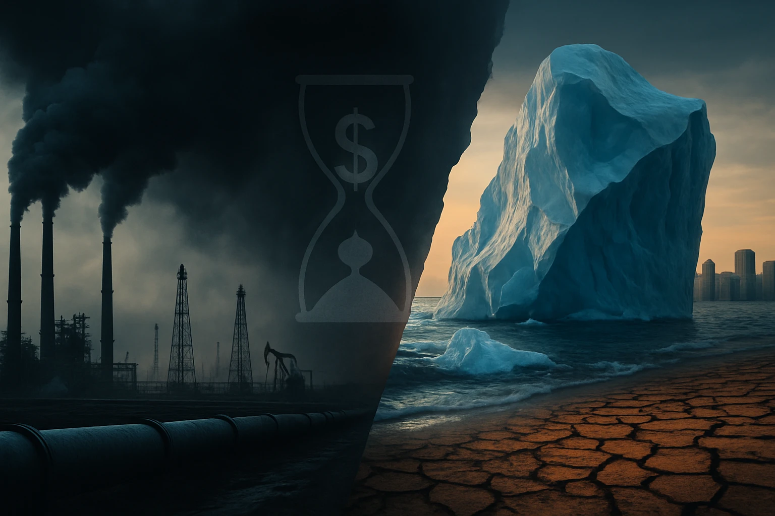Füstölgő gyárkémények és olvadó jéghegy kontrasztja a klímaváltozásról.