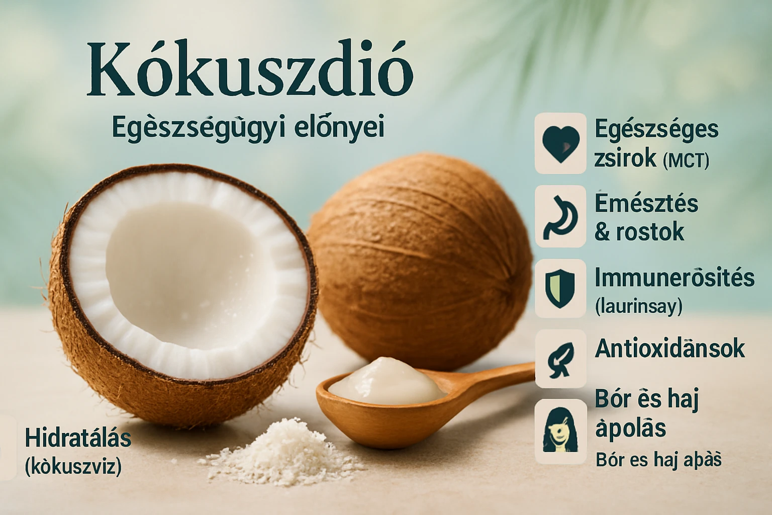 Félbevágott kókuszdió, benne fehér hús és kókuszvíz, egészségügyi előnyökkel.