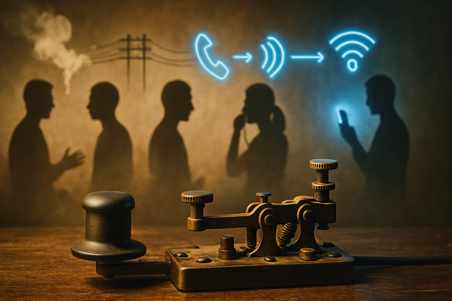 Egy régi távíró készülék, háttérben emberek árnyai és kommunikációs szimbólumok.