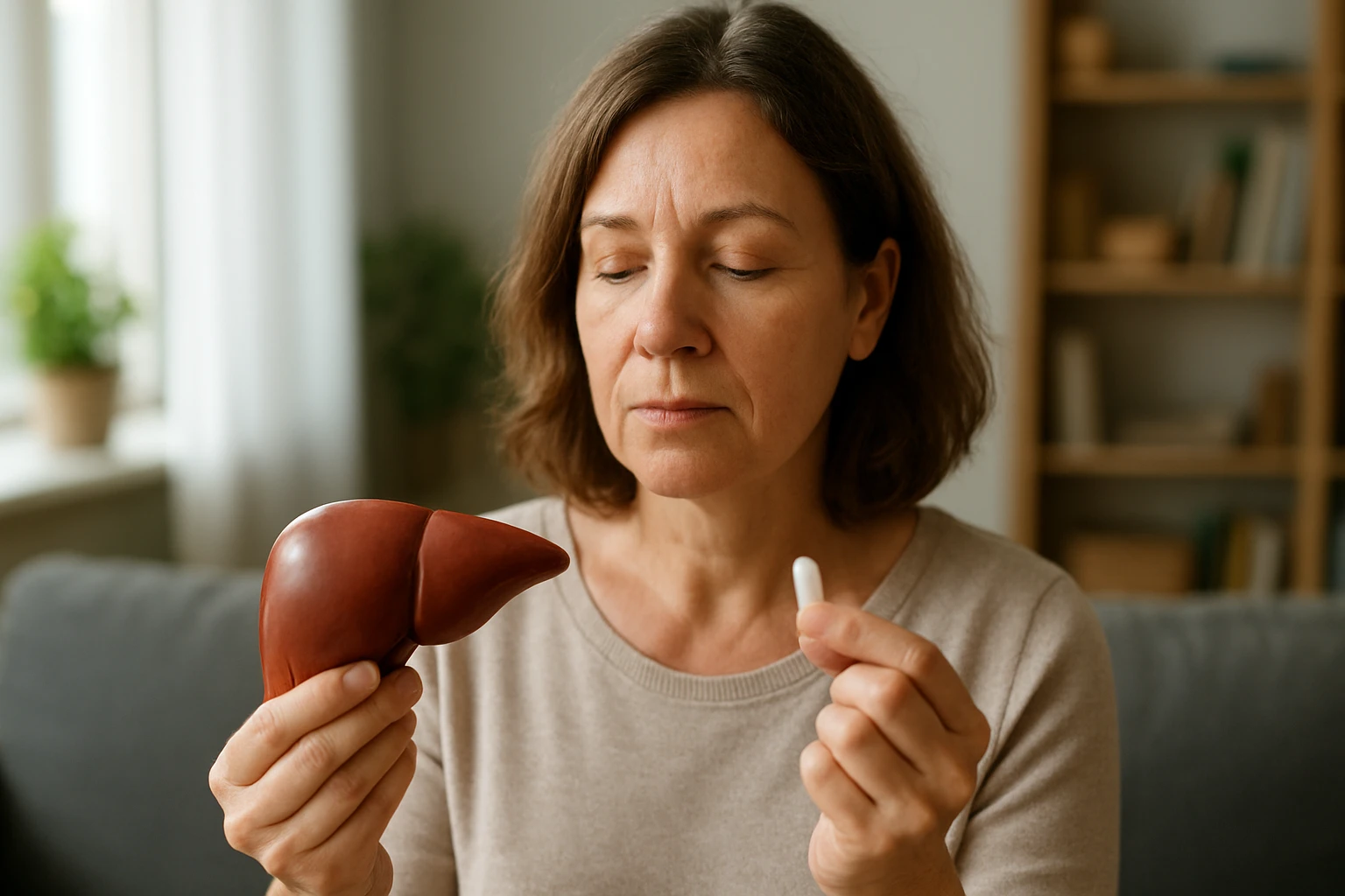 Egy nő a kezében tart egy májat és egy gyógyszert, elgondolkodva néz.