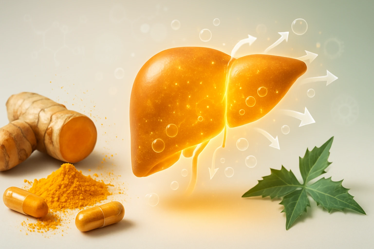 Egy stilizált máj, amely körül fűszeres kurkuma gyökér és kapszulák találhatók.