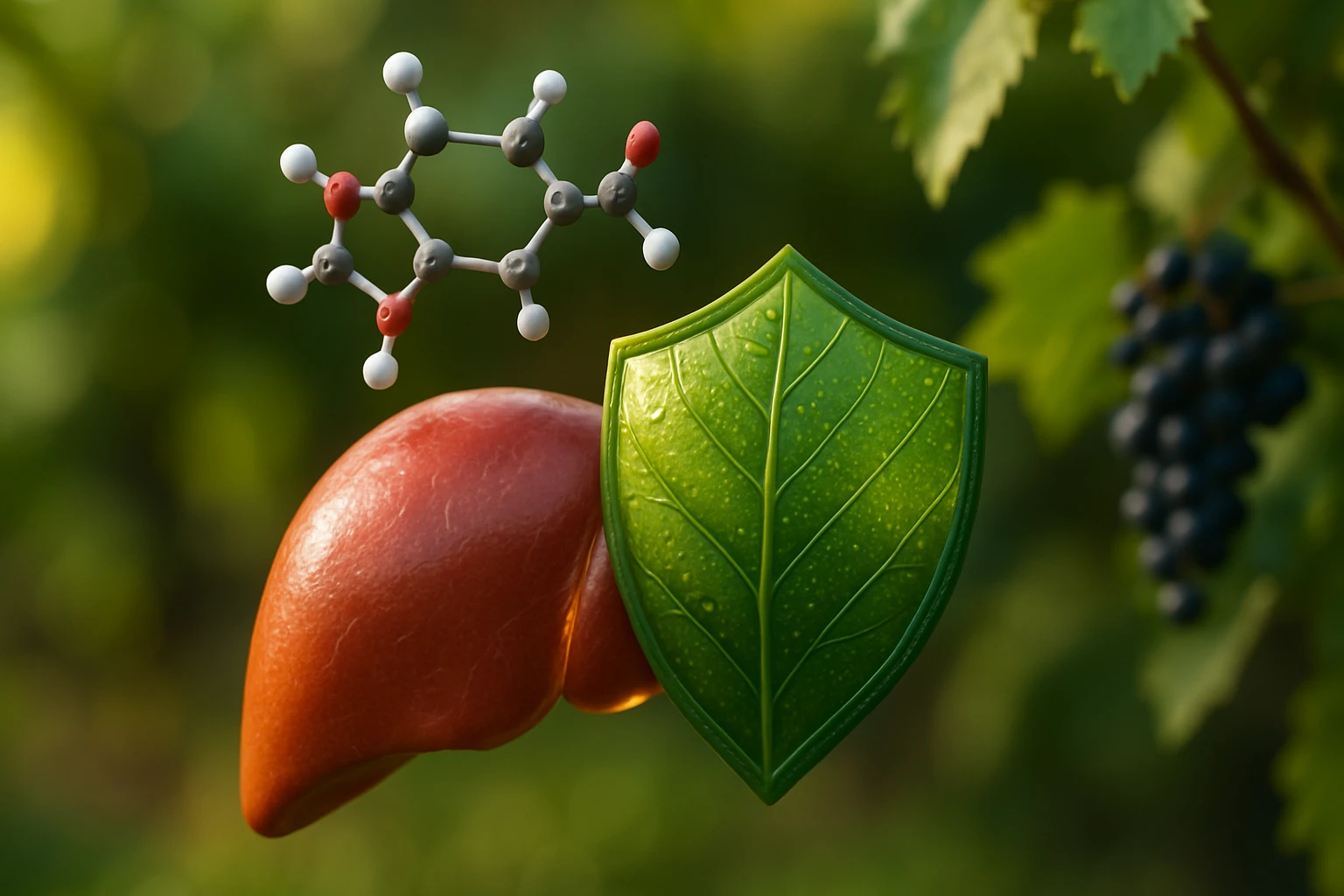 Egy máj, zöld levél és molekula szimbólumok a szőlőültetvény háttérben.