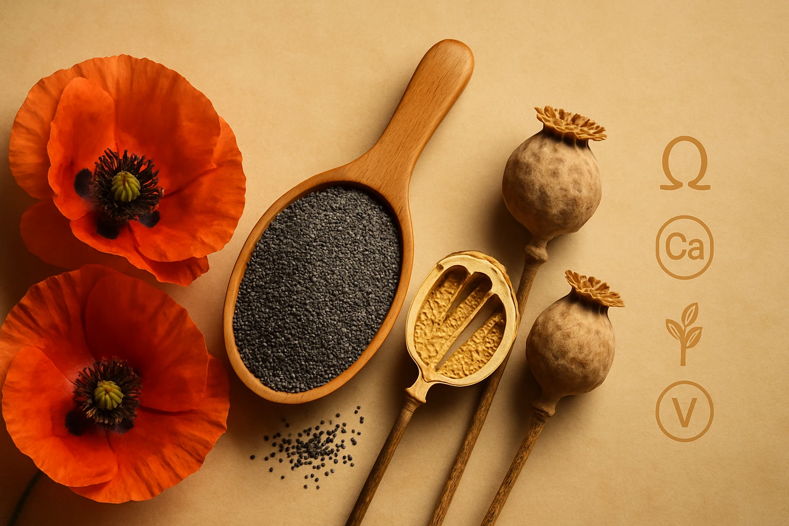 Pipacsvirágok és mákszemek egy fából készült kanálban, háttérben tápanyagok szimbólumai.