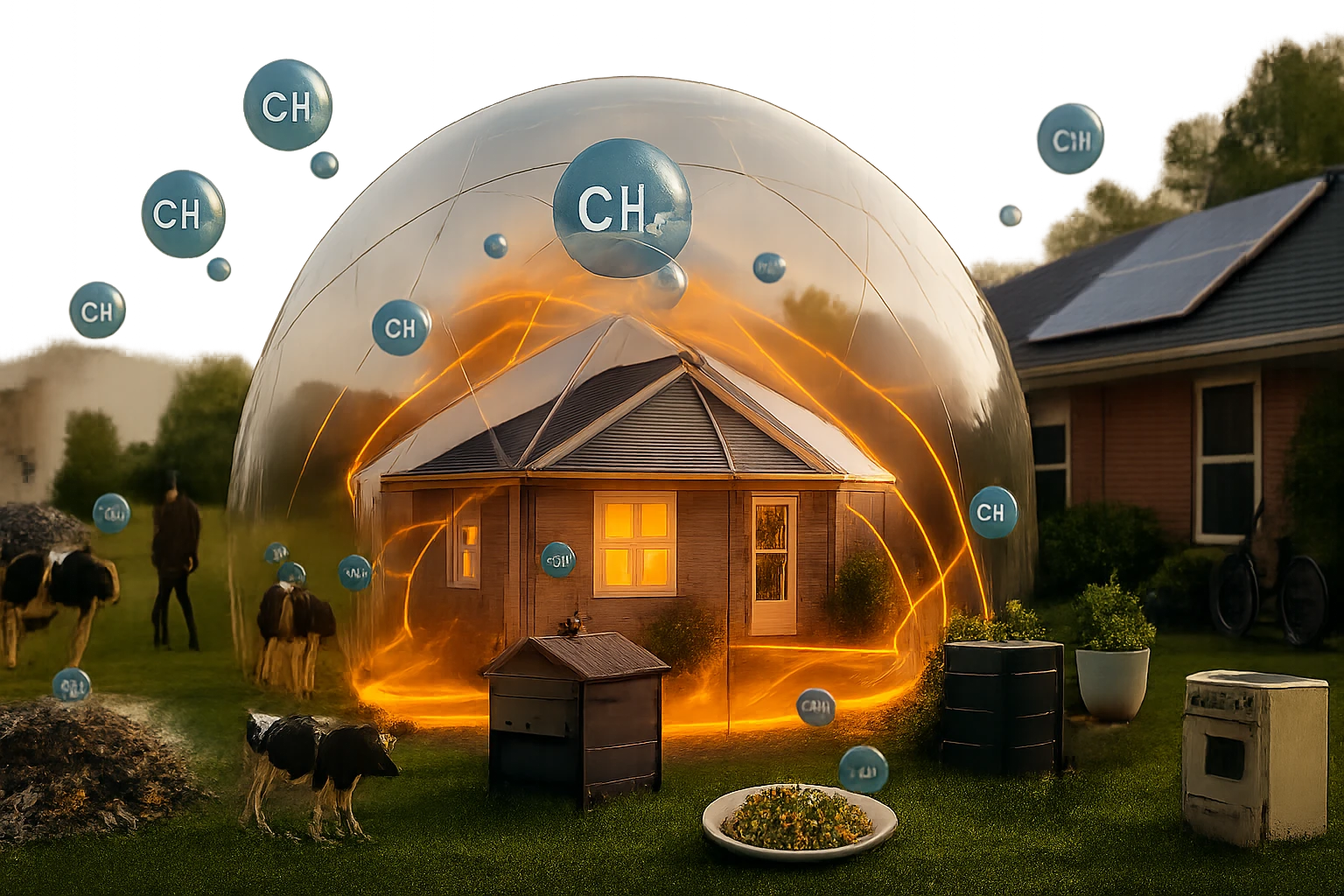 Egy ház védőgömb alatt, körülötte metánmolekulák lebegnek.